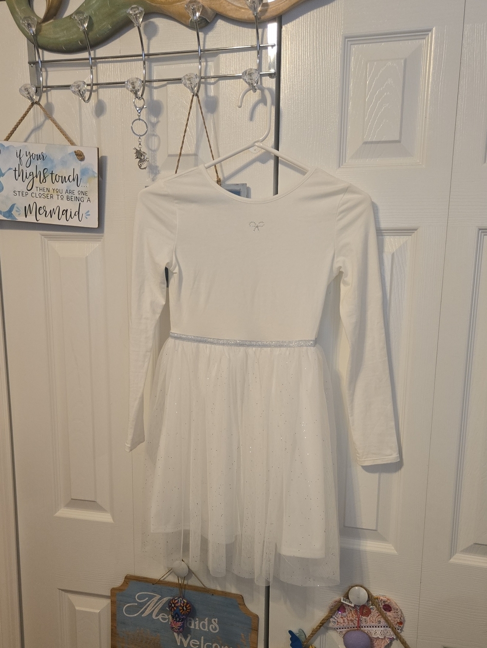 Girls White Sparkle Tulle Dress with Long Sleeves